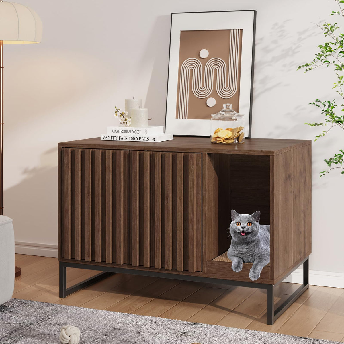Halitaa caja-arena-gatos mueble-oculto-nogal, solución limpia y privada para su gato.