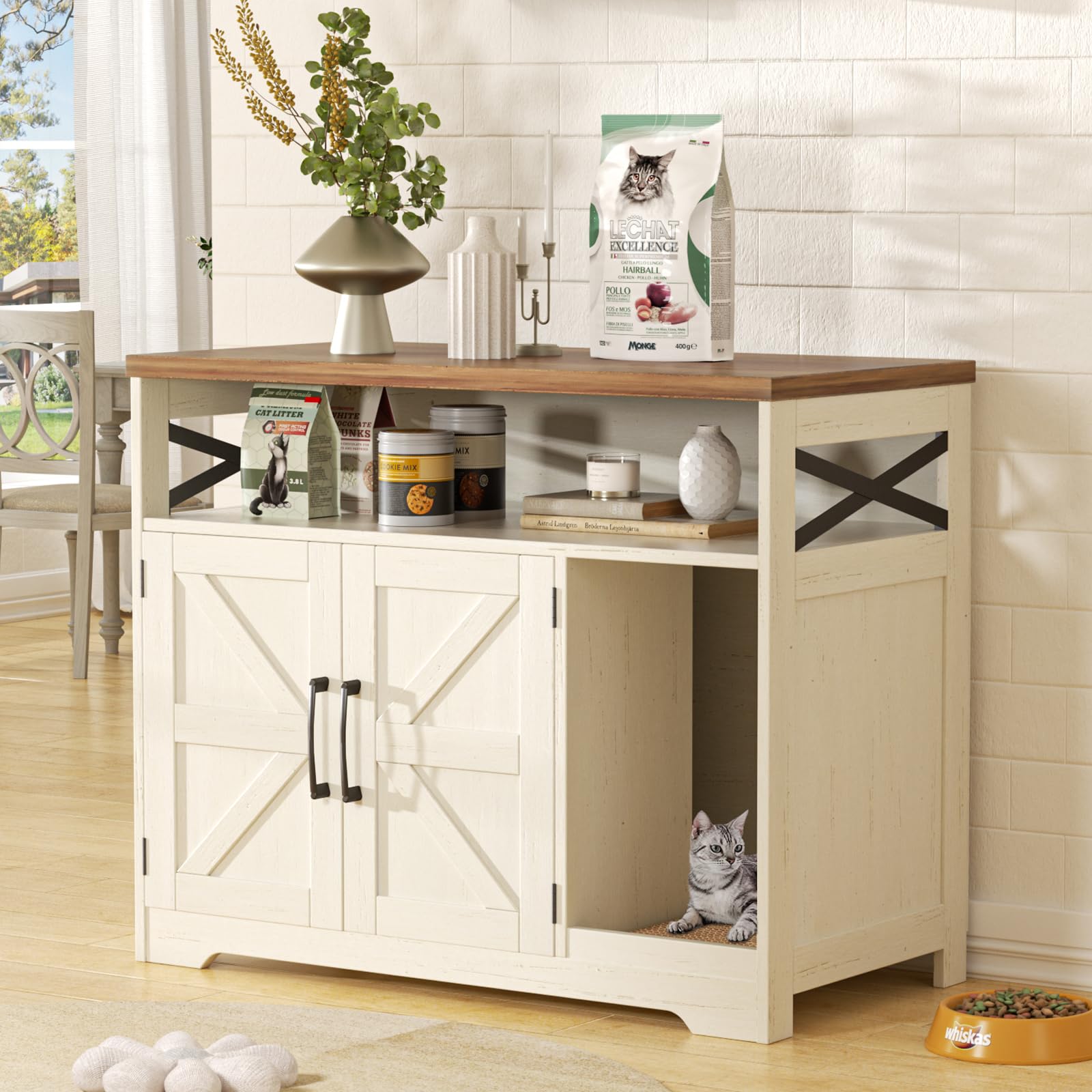 Halitaa caja-arena-gatos-oculta, mueble blanco elegante para ocultar la arena