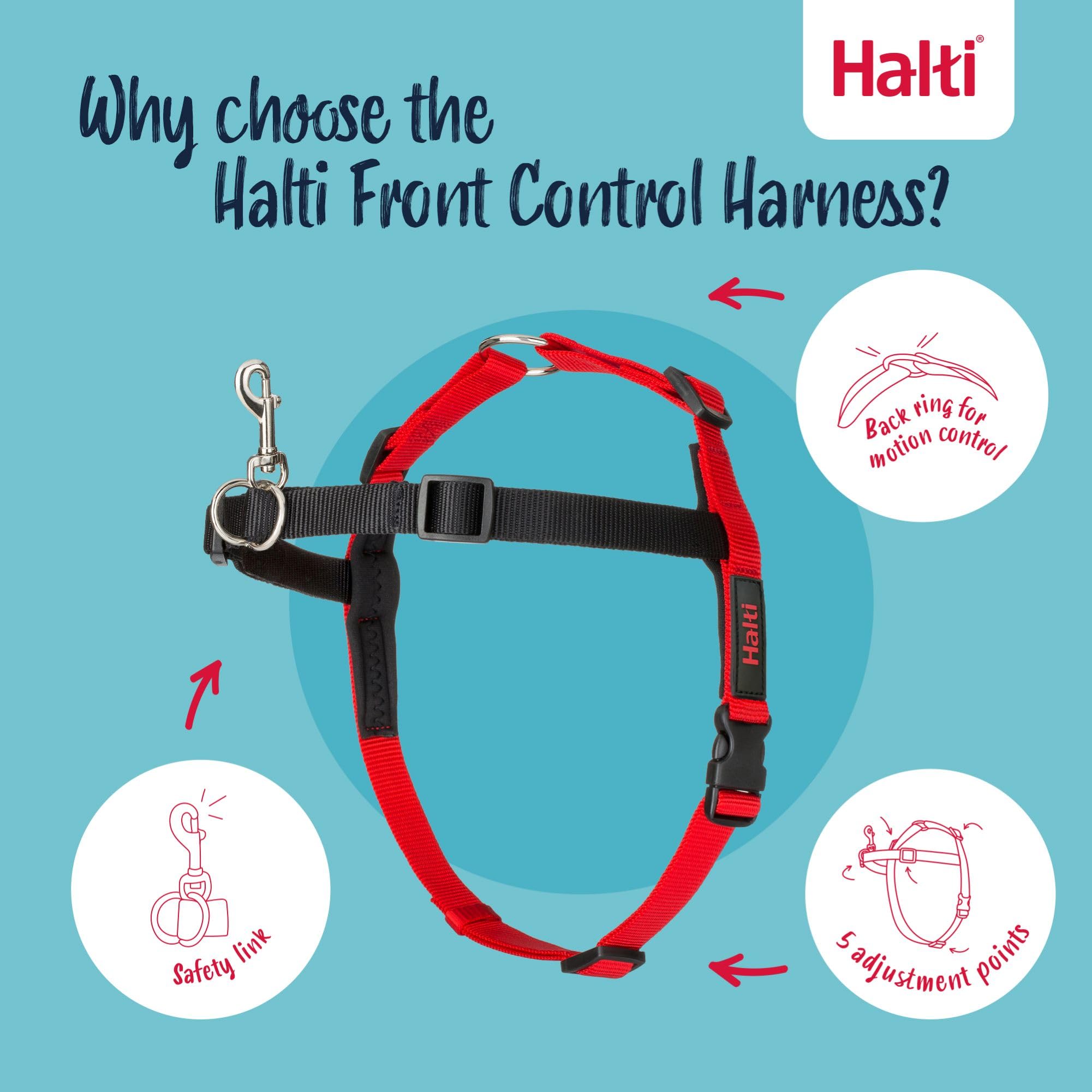 Arnés Halti de control frontal con acolchado de neopreno en hombros para mayor comodidad.