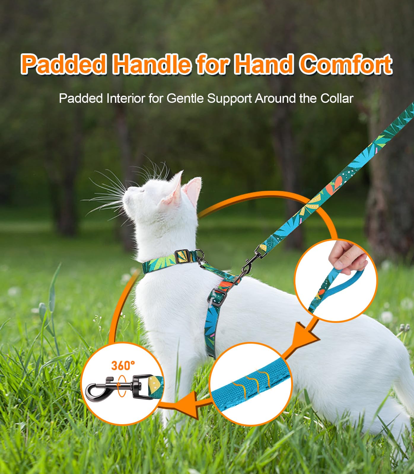 Hebillas ajustables Halypet en cuello y abdomen, se adapta al tamaño del gato.