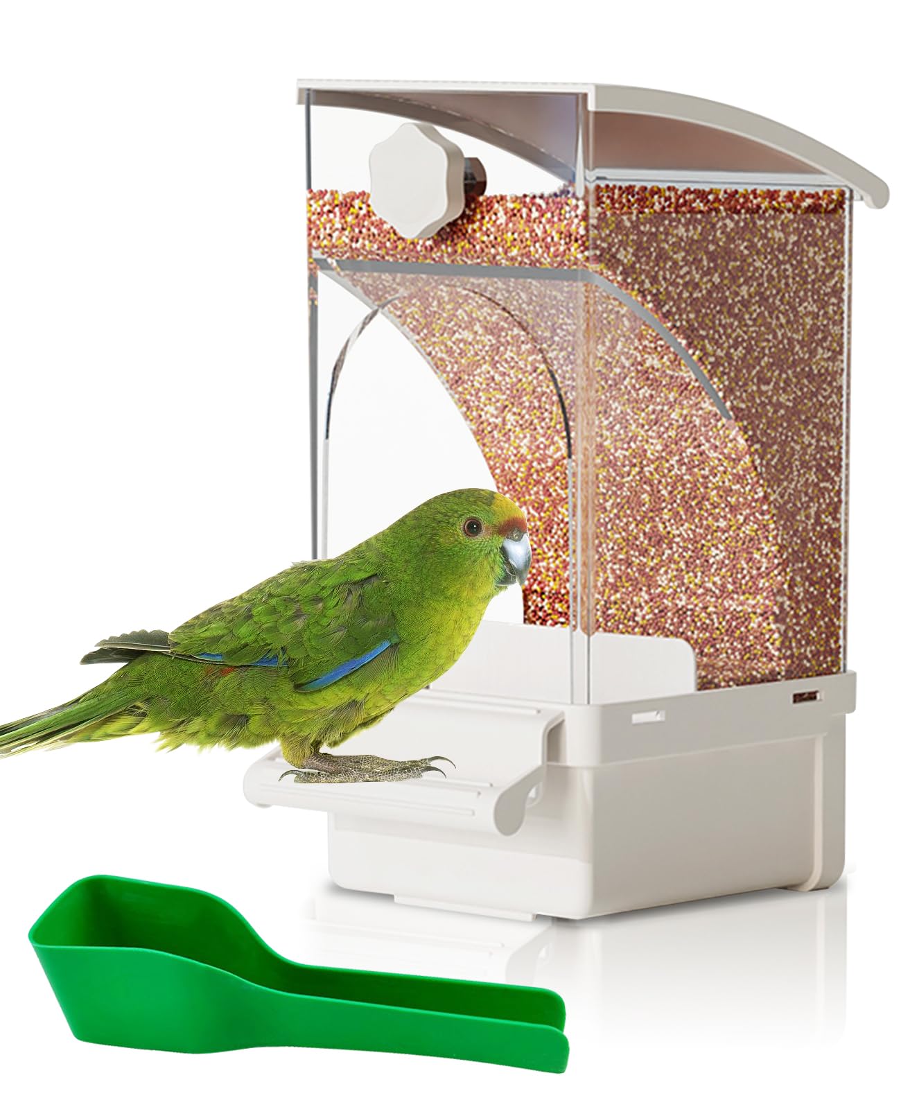 Hamiledyi alimentador automático para aves, vista frontal con fácil acceso a la comida.