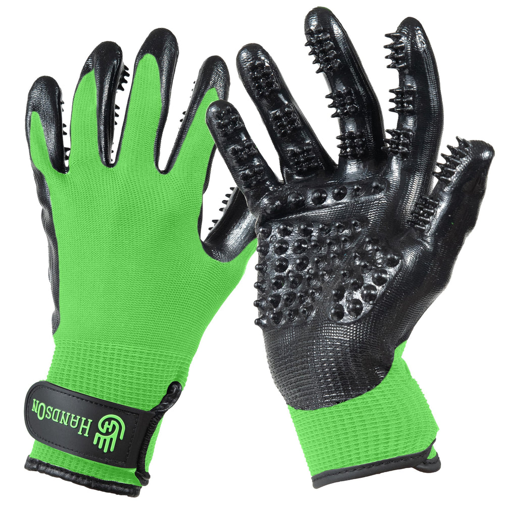 Guantes H HandsOn para cepillado del pelaje de mascotas, eliminan pelo suelto con suavidad.