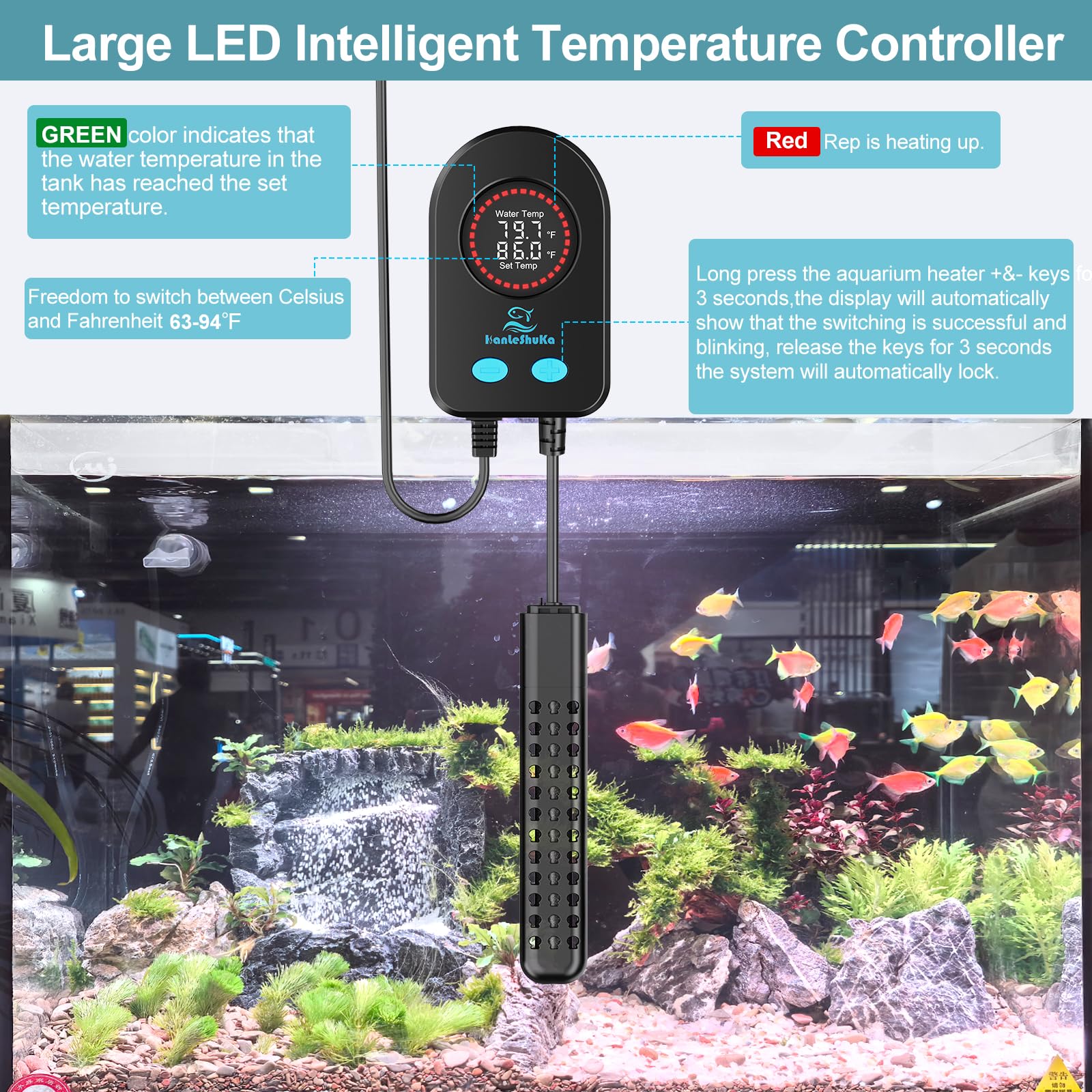 Calentador HANLESHUKA submersible 300W con panel de control para temperatura estable.