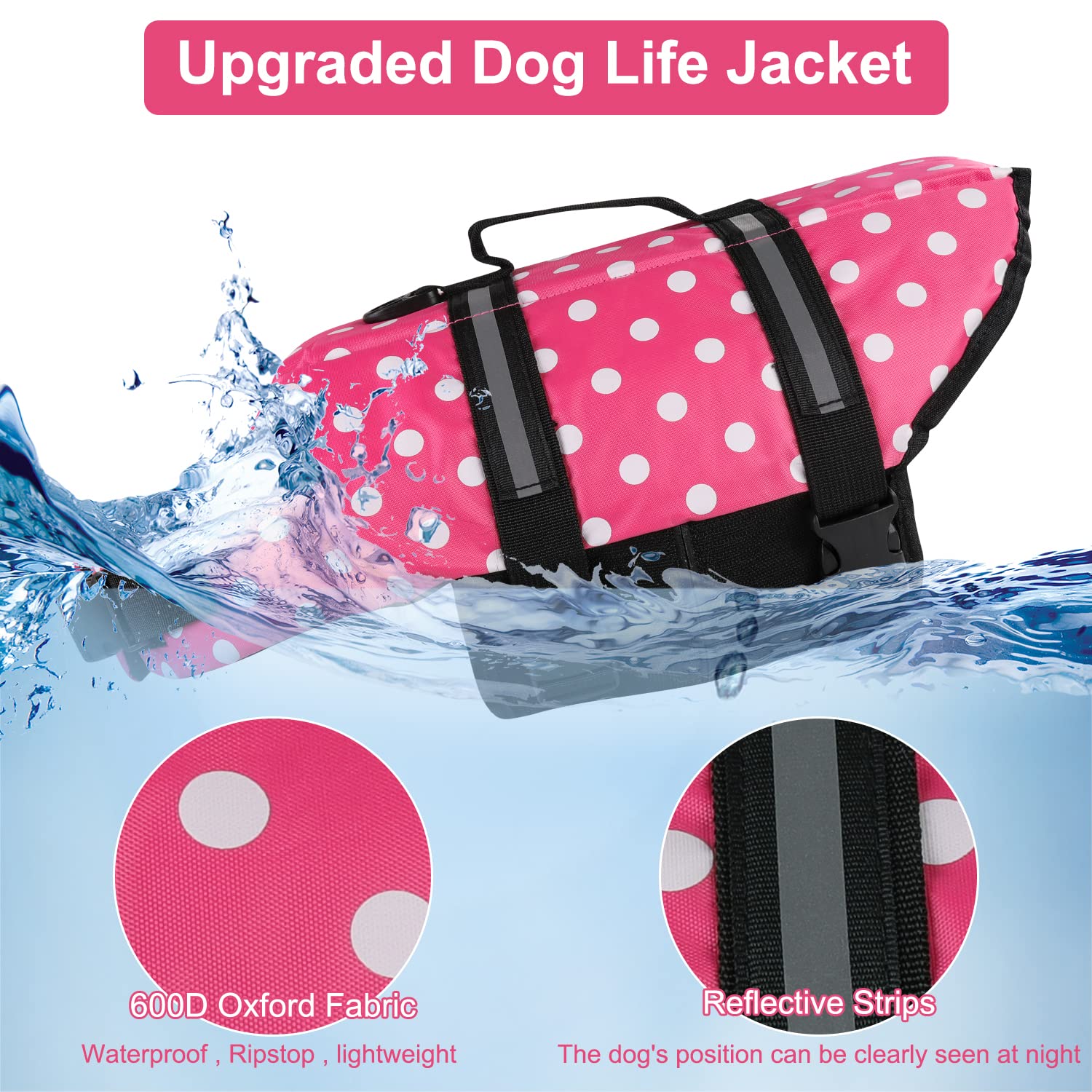 HAOCOO chaleco salvavidas para perro rosa lunares, vista lateral para ajuste cómodo.