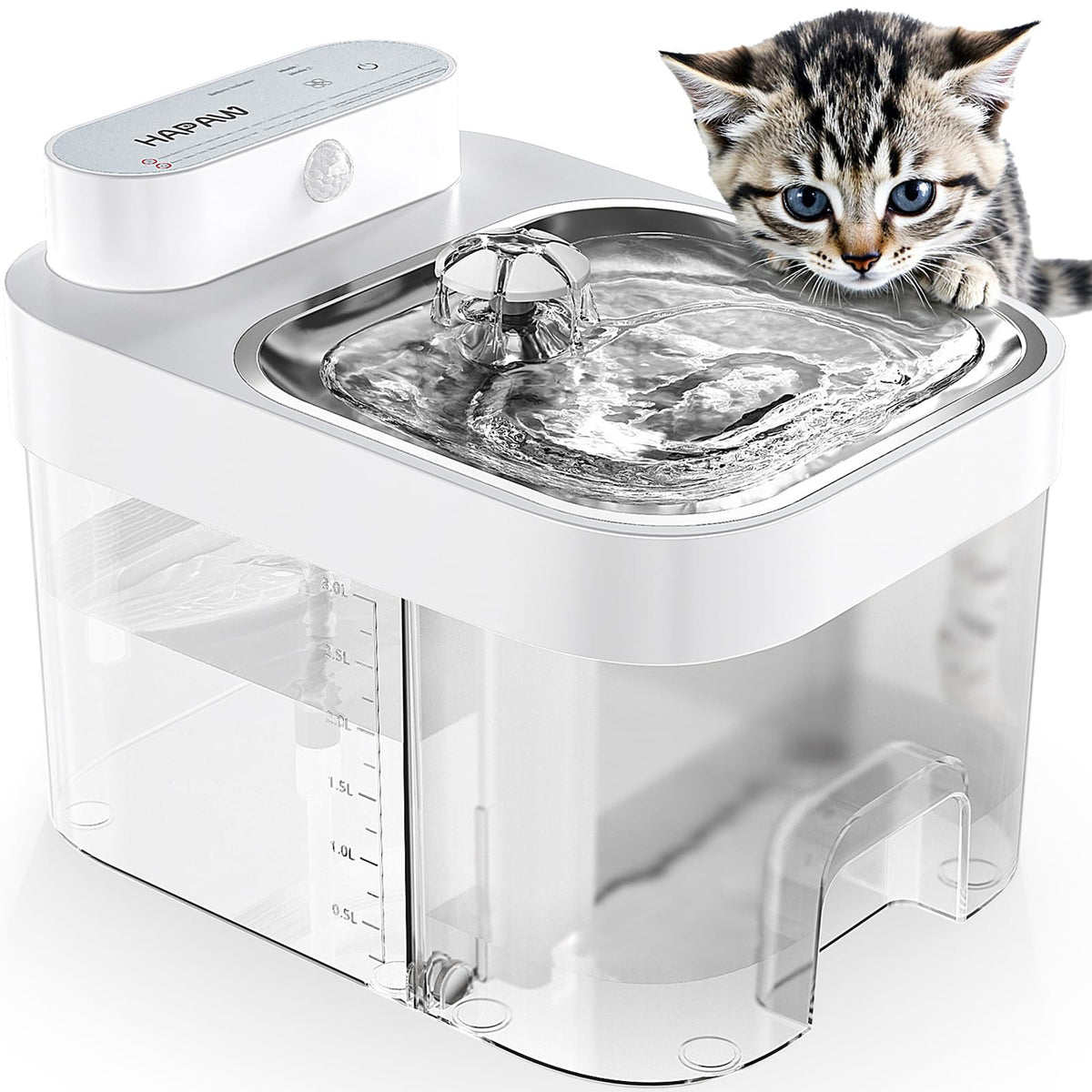 Bebedero HAPAW con tanques duales para agua fresca y desecho, ideal para gatos.