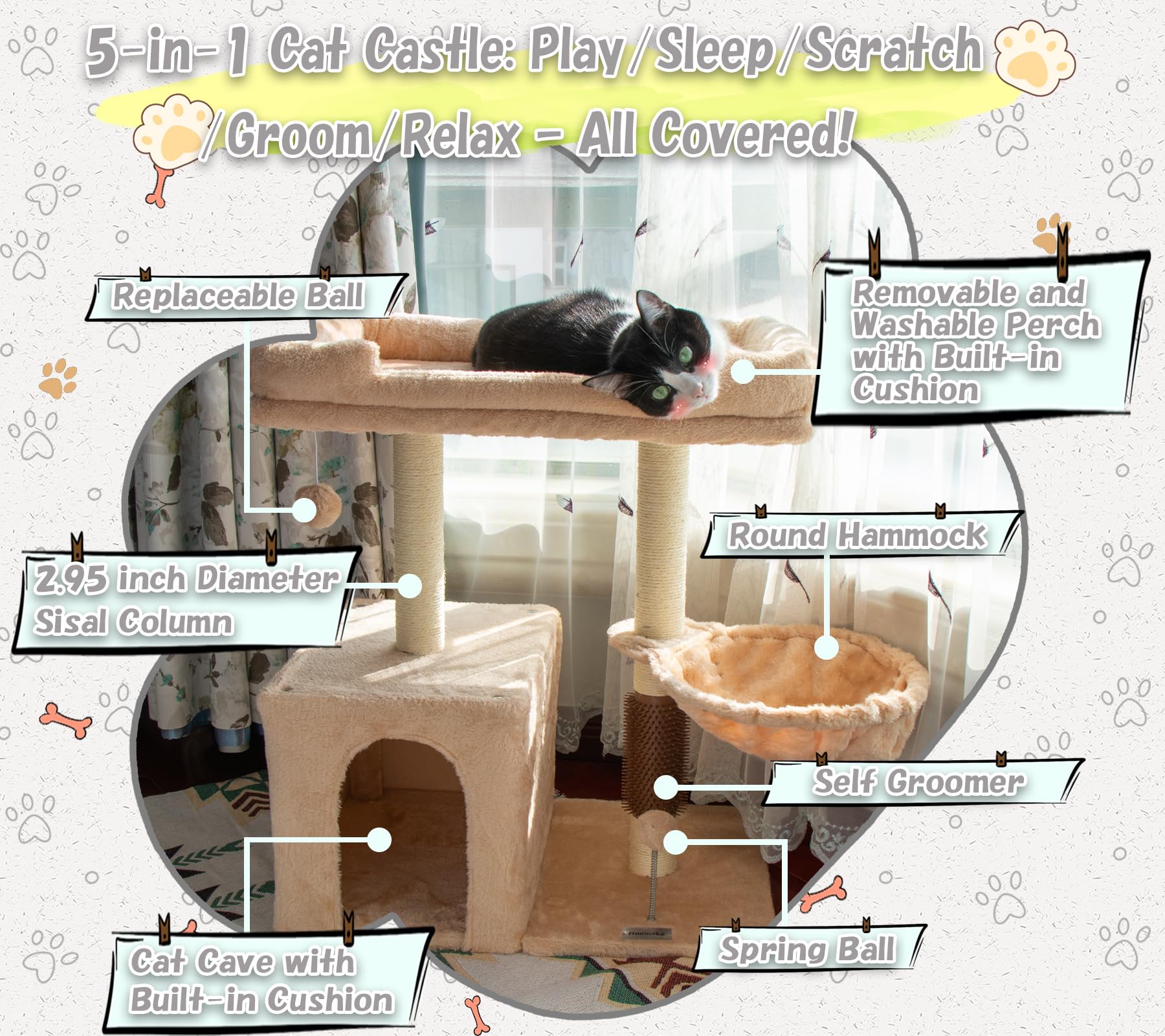 Hapineko cueva-gato beige, refugio cómodo para dormir y esconderse.