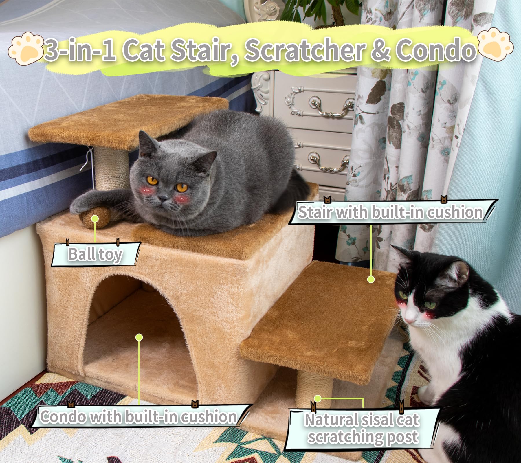 Hapineko escalera-gatos-senior-acceso-facil ofrece apoyo cómodo para mascotas mayores.