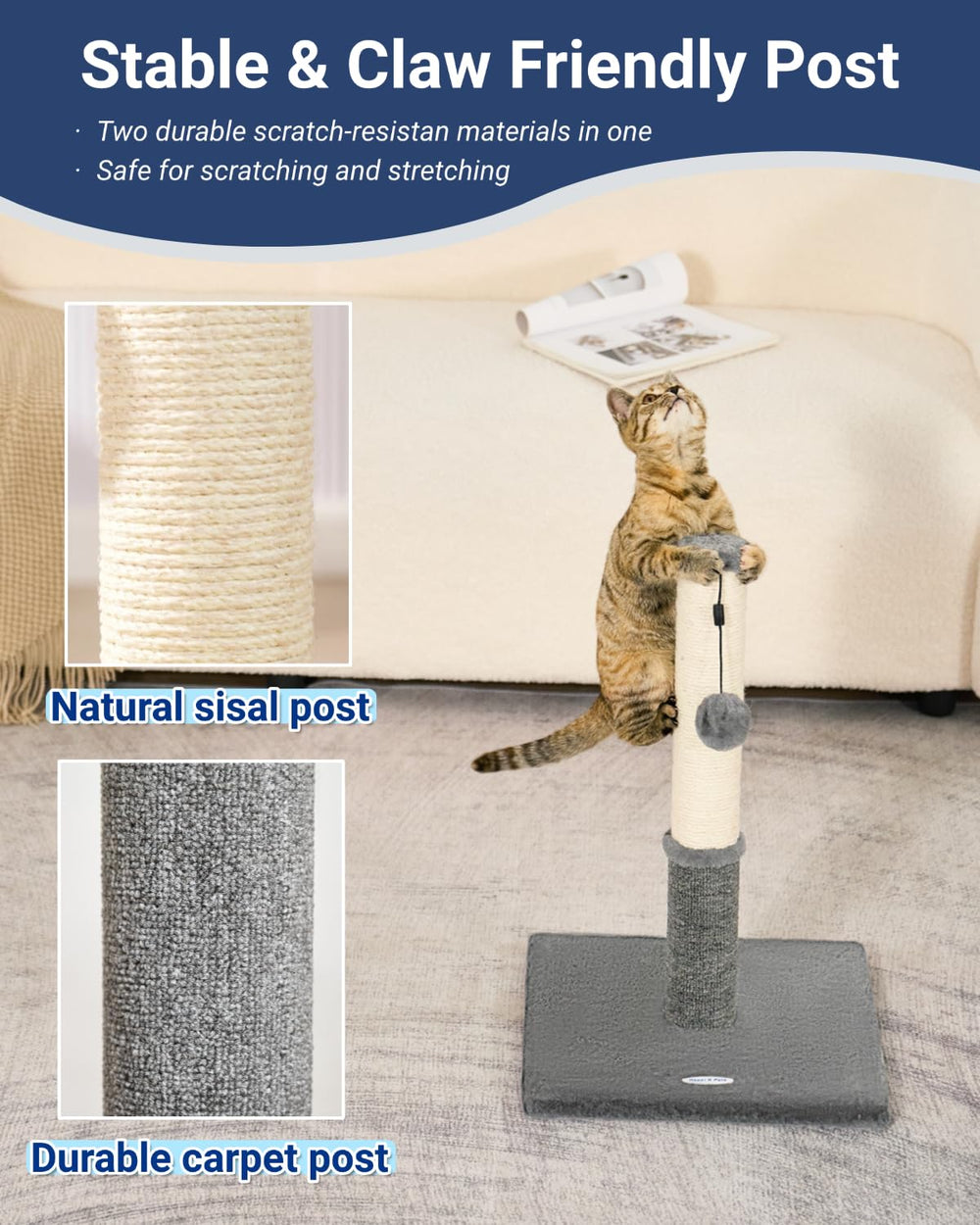 Happi N Pets Poste Rascador para Gatos con superficie de alfombra suave para juego cómodo.