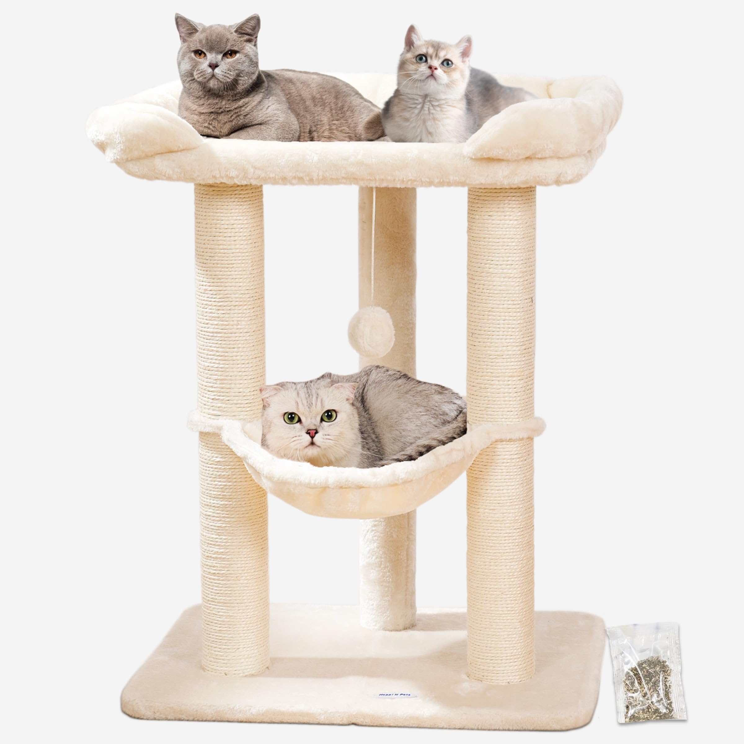 Torre Happi N Pets de 28 pulgadas para gatos grandes, descanso seguro.