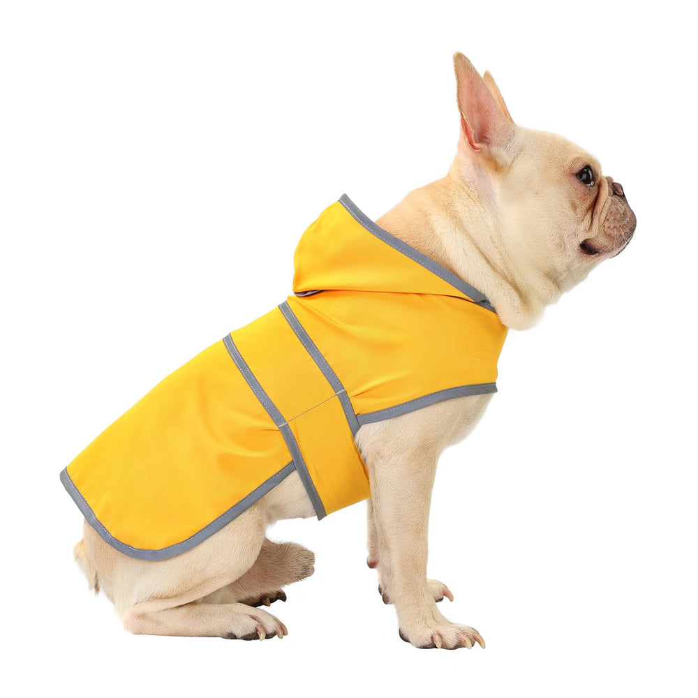 HAPPIERE capa de lluvia para perro mediano en amarillo, vista frontal, ideal para paseos en lluvia.
