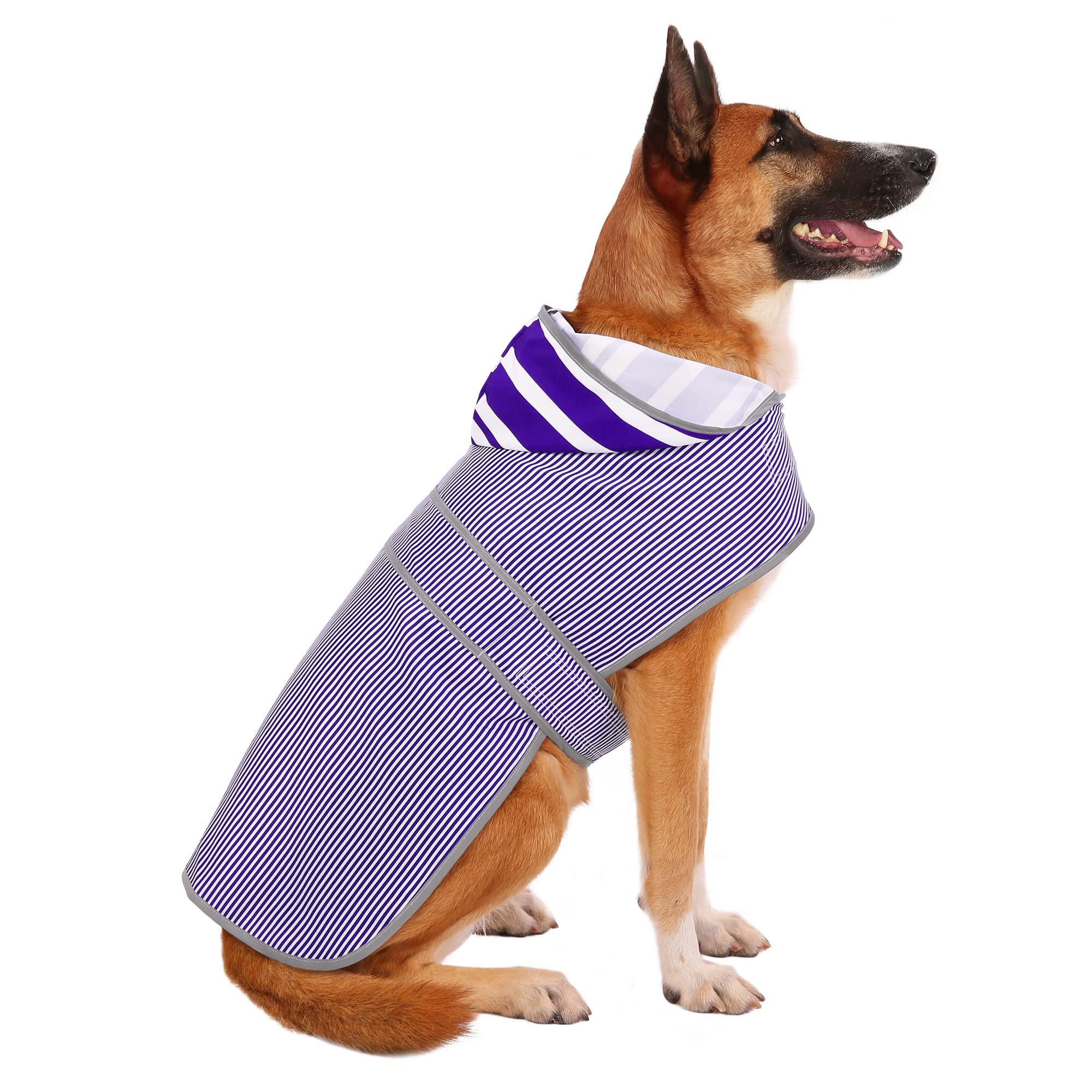 HAPPIERE chubasquero para perro grande con capucha azul y rayas, ideal para lluvia