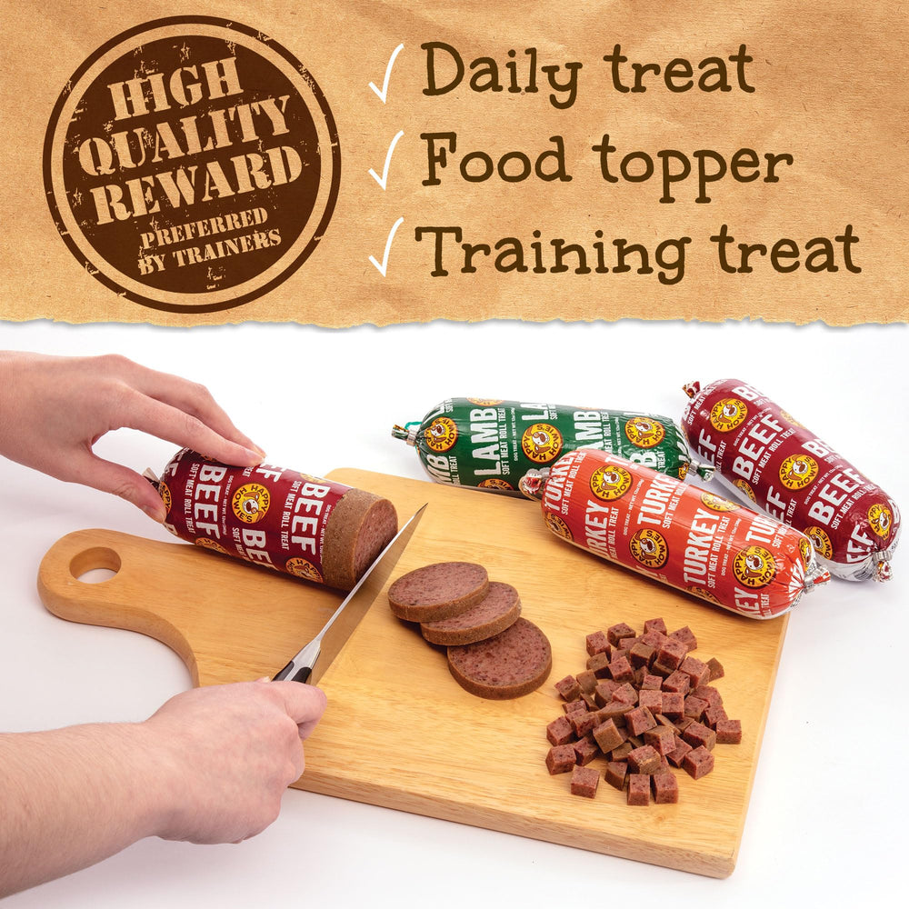 Happy Howie's Soft Meat Roll, porciones cortadas para ajustar la ración según el tamaño del perro.