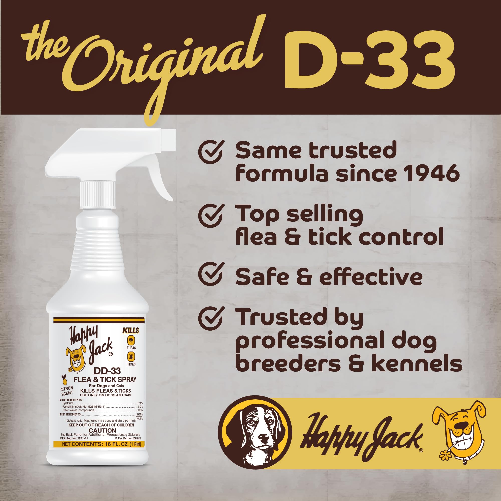 Happy Jack DD-33 etiqueta EPA destaca aprobación para control de pulgas y garratas.