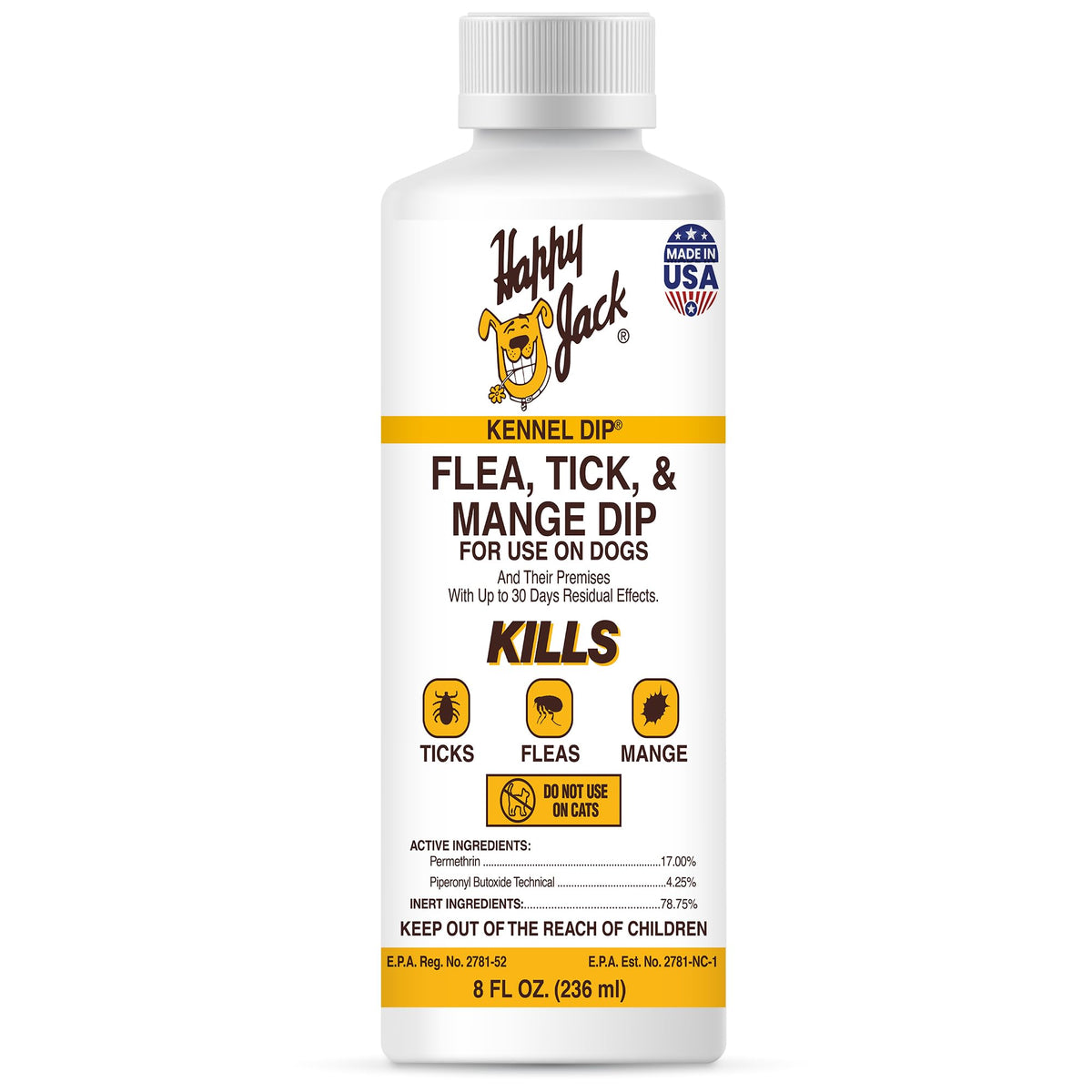 Happy Jack Kennel Dip, bote de 8 oz, protección de pulgas y garrapatas.