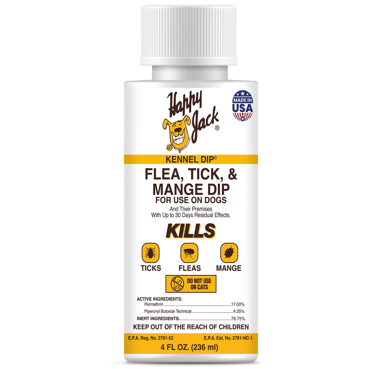 Happy Jack Kennel Dip frasco, protección contra pulgas y garrapatas para perros.