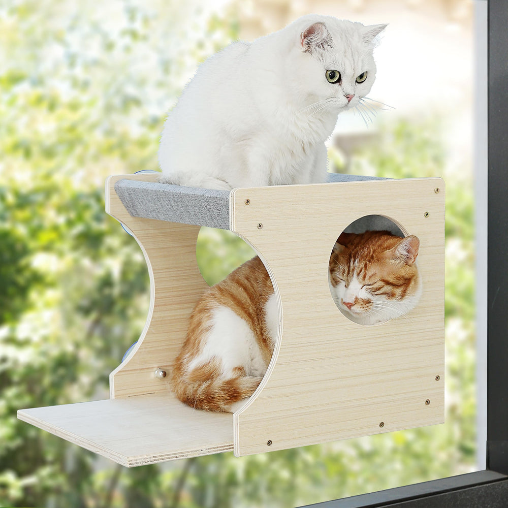 HAPYKITYS percha de ventana para gato con doble nivel, ideal para descansar y observar.