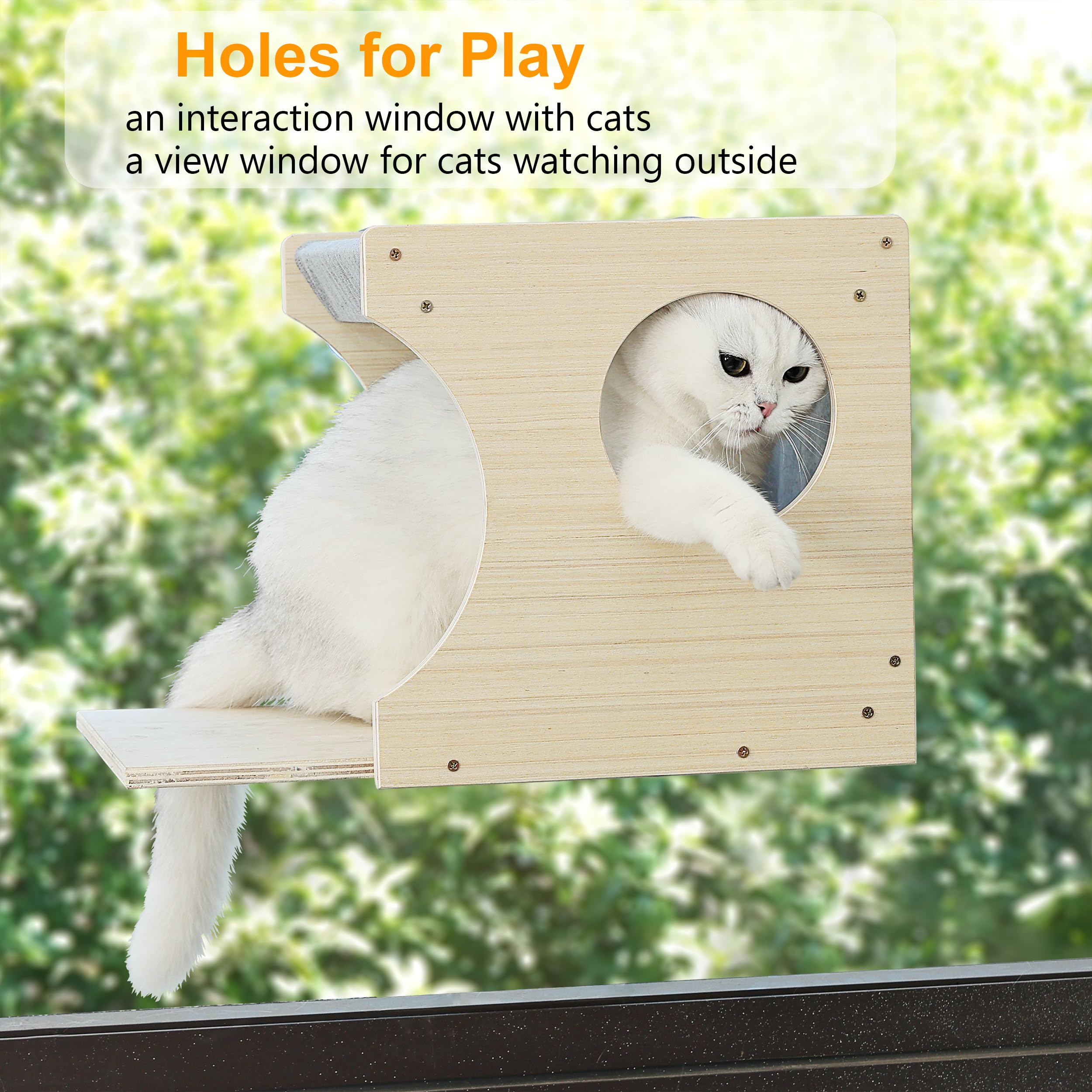 HAPYKITYS caja-ventana para gato con orificios circulares, facilita juego y observación exterior.