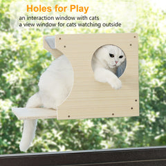 HAPYKITYS caja-ventana para gato con orificios circulares, facilita juego y observación exterior.