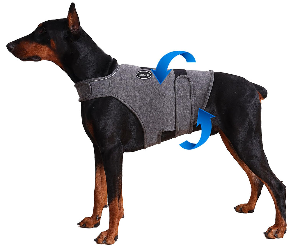 Harbyel chaqueta de ansiedad para perros, vista frontal, calma durante tormentas.