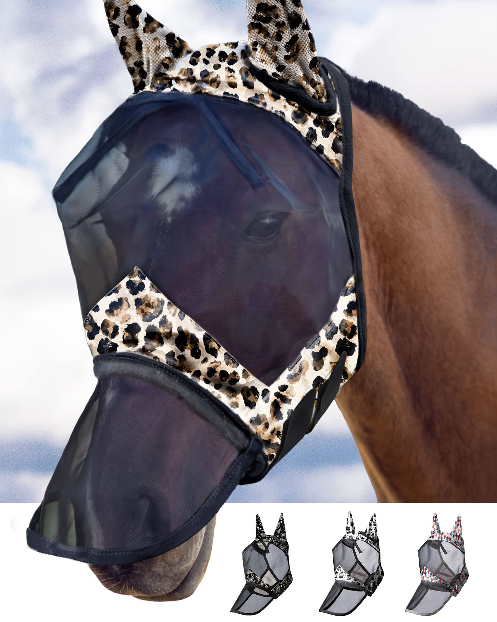 Harrison Howard LumiVista máscara caballos con estampado leopardo, naríz larga y orejas, comodidad duradera.