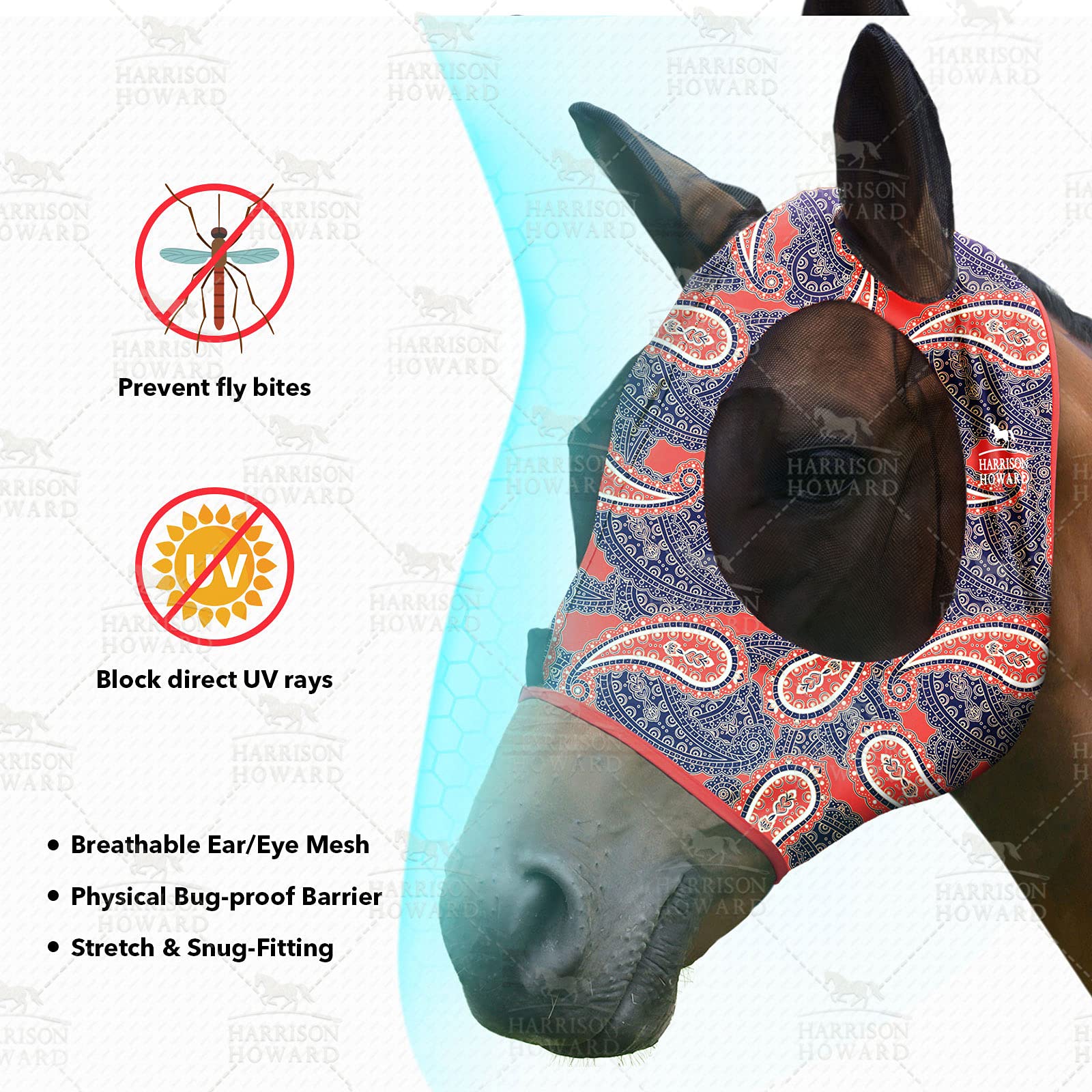 Máscara para caballos Harrison Howard, tejido suave y transpirable para uso prolongado.