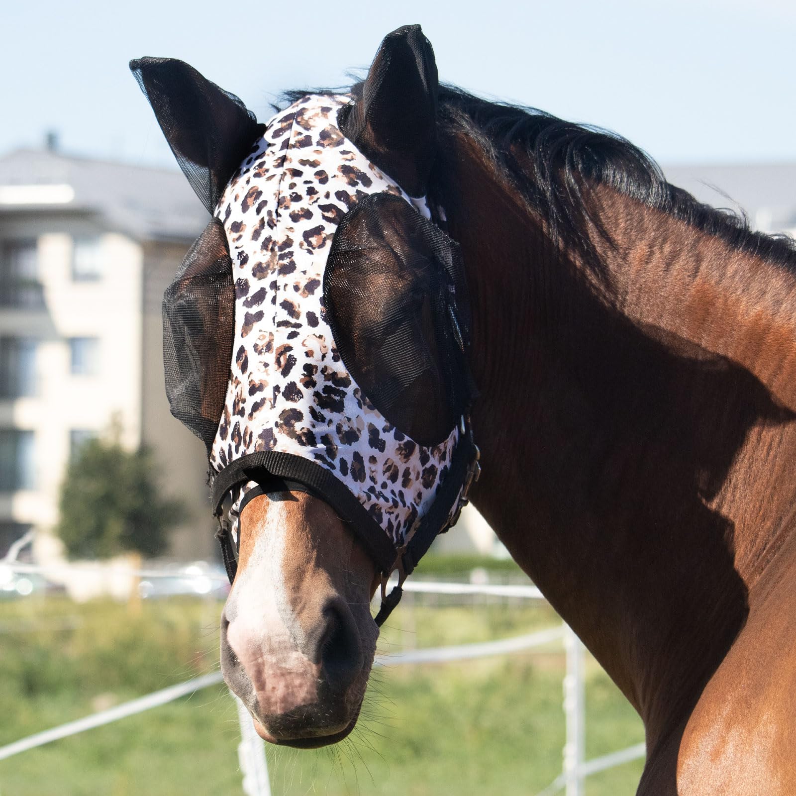 Malla antifly Harrison Howard con visión amplia y protección UV para el día a día del caballo.