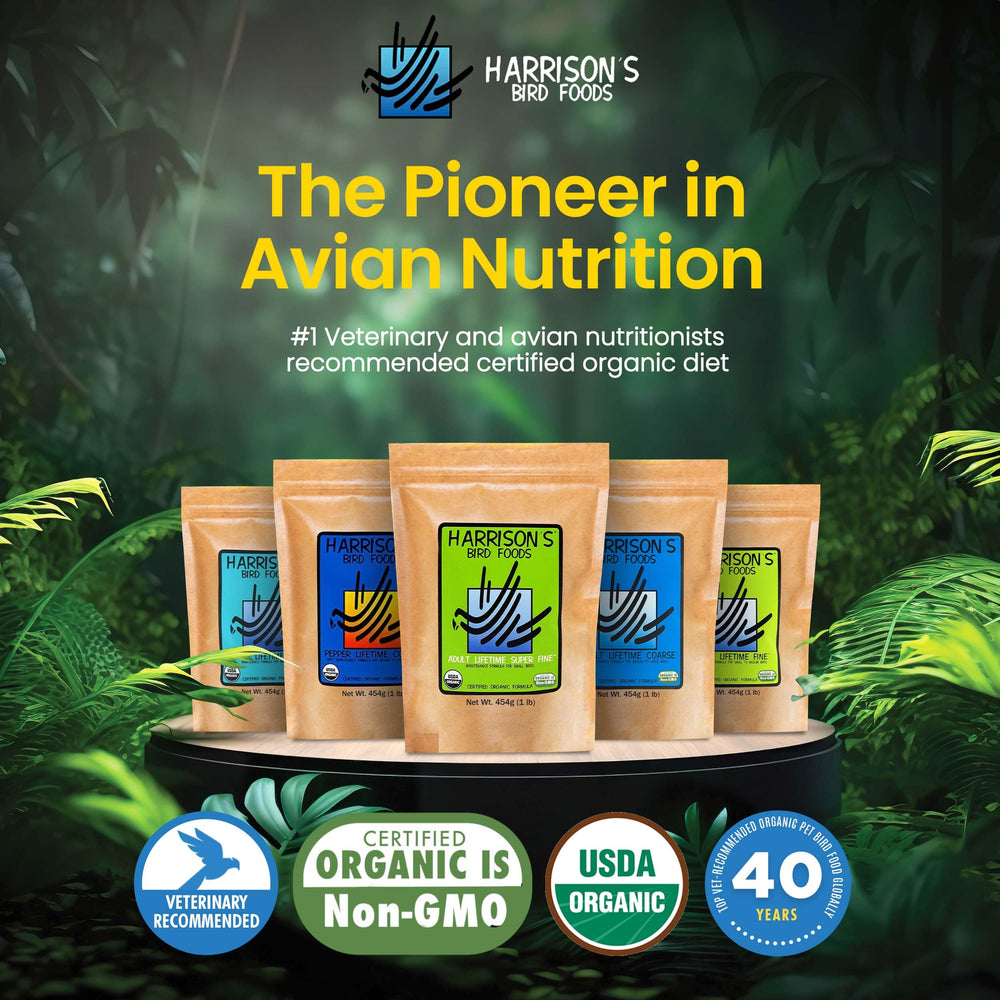 Harrison's Bird Foods omega-3 y omega-6 para plumaje vibrante en aves.