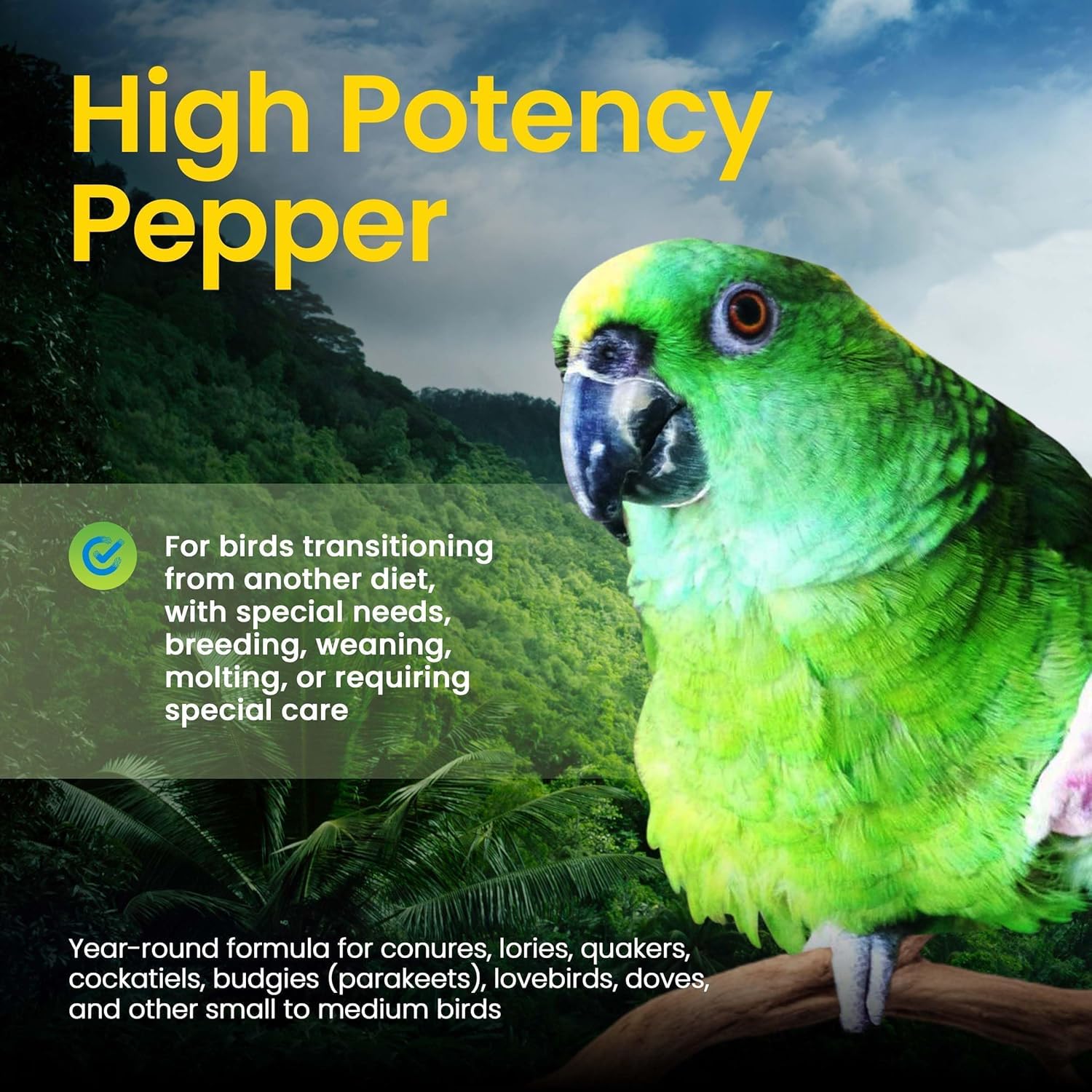 Harrison's Bird Foods Alta Potencia Pimienta, aves pequeñas comiendo alimento nutritivo.