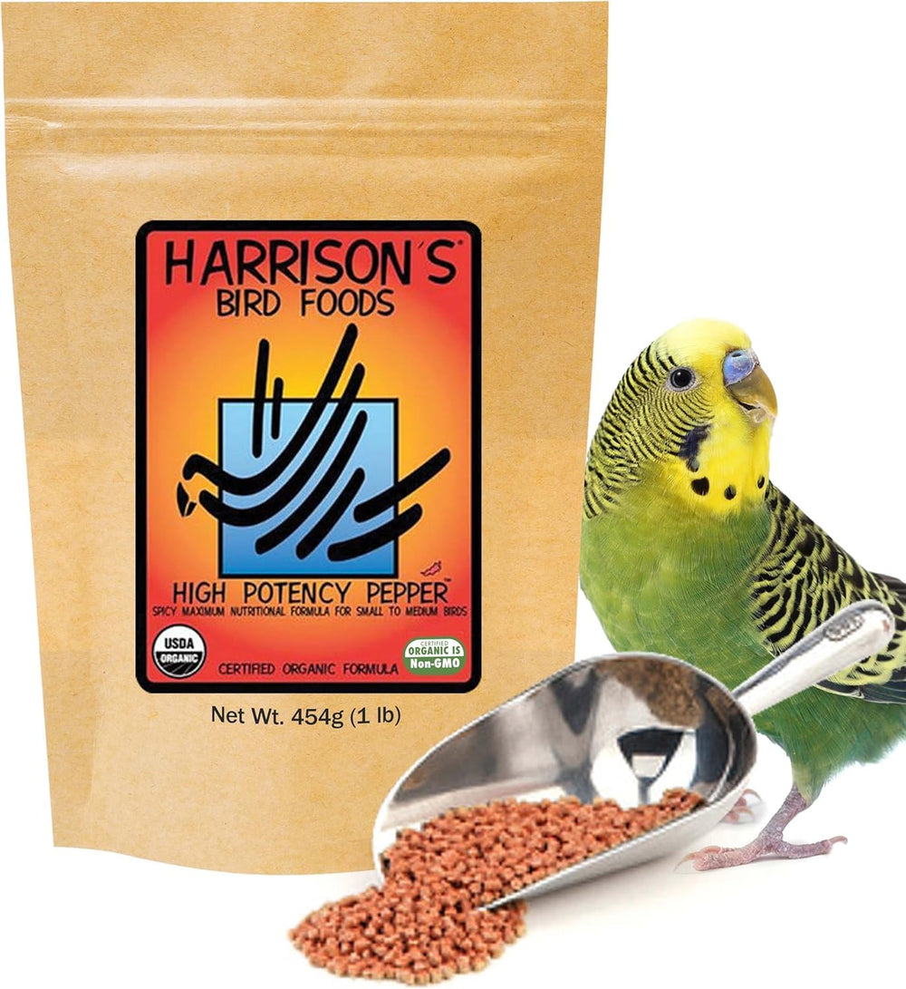 Harrison's Bird Foods Alta Potencia Pimienta, bolsa frontal con fórmula nutritiva para aves pequeñas.
