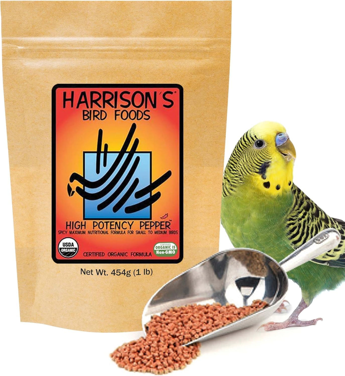 Harrison's Bird Foods Alta Potencia Pimienta, bolsa frontal con fórmula nutritiva para aves pequeñas.