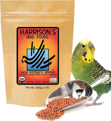 Harrison's Bird Foods Alta Potencia Pimienta, bolsa frontal con fórmula nutritiva para aves pequeñas.
