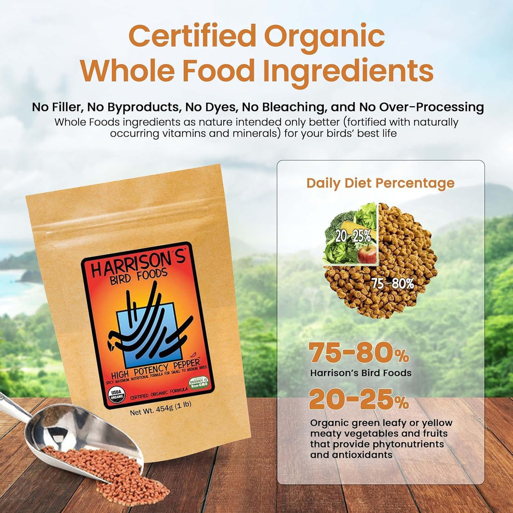 Harrison's Bird Foods Alta Potencia Pimienta, apta para todas las etapas de vida de las aves.