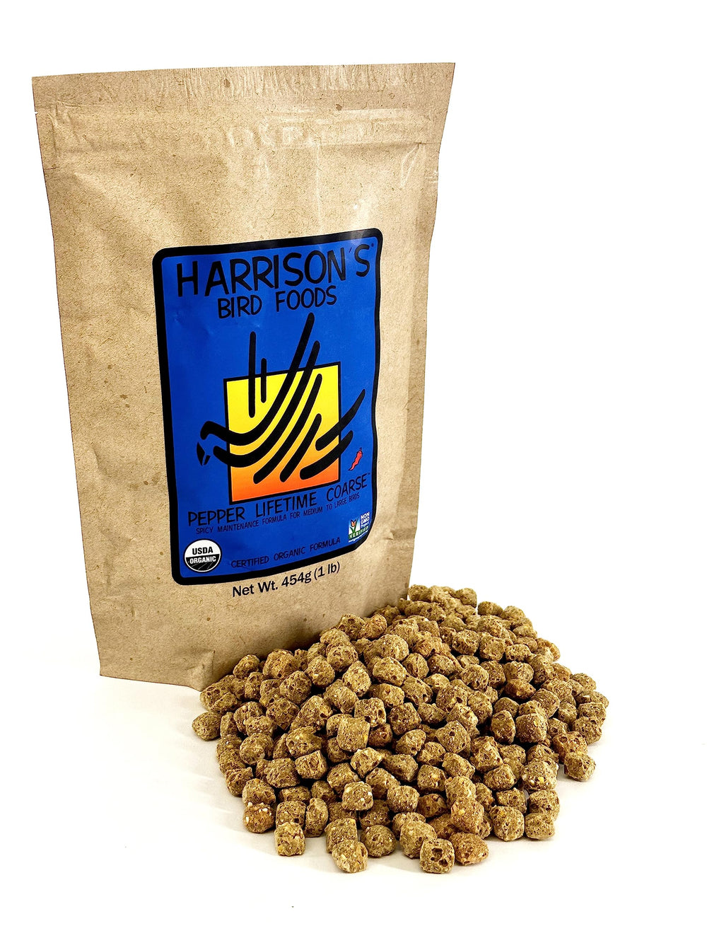 Harrison's Pepper Lifetime Coarse, empaque visible para dieta balanceada de aves medianas y grandes