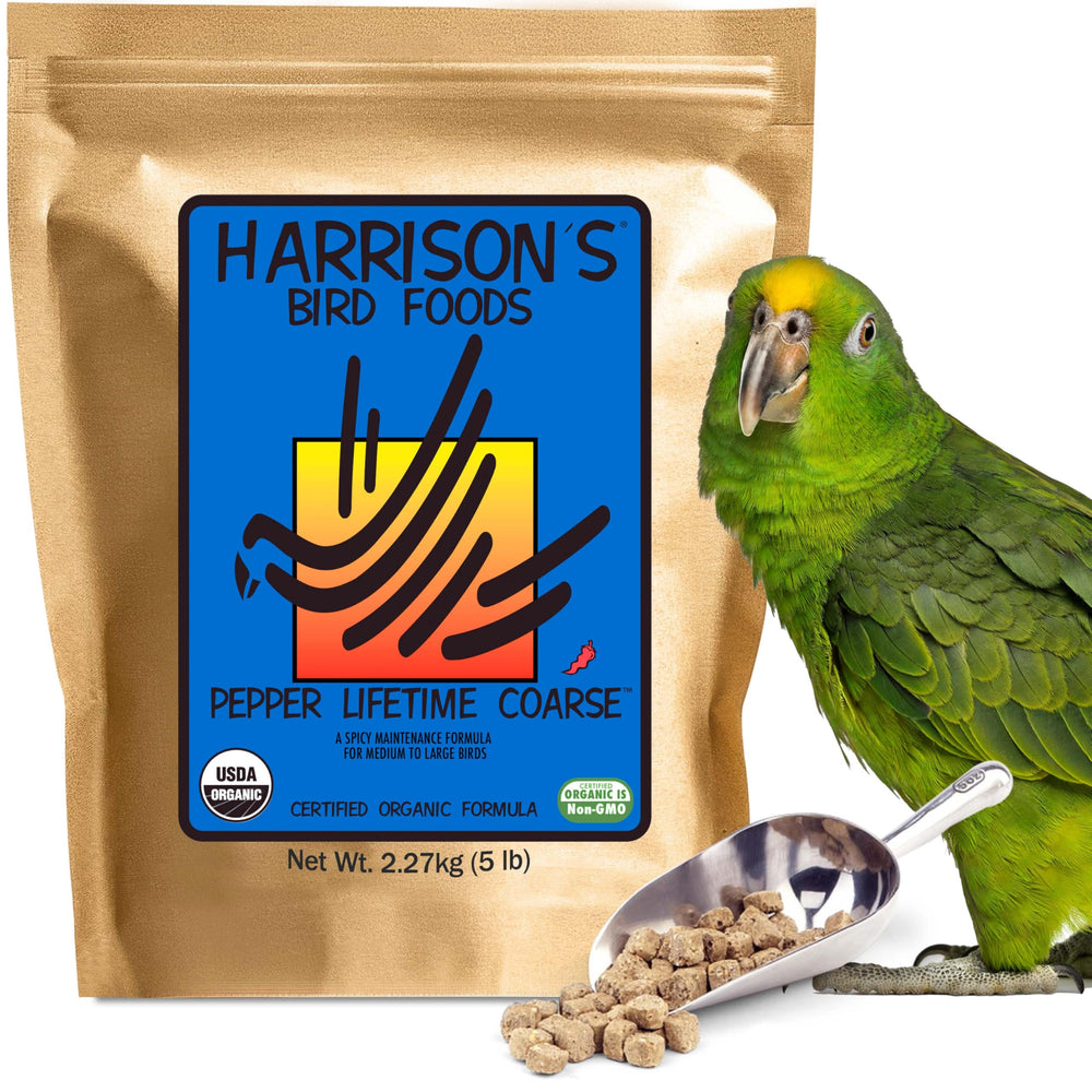 Harrison's Pepper Lifetime Coarse: envase visible para dieta de aves medianas y grandes