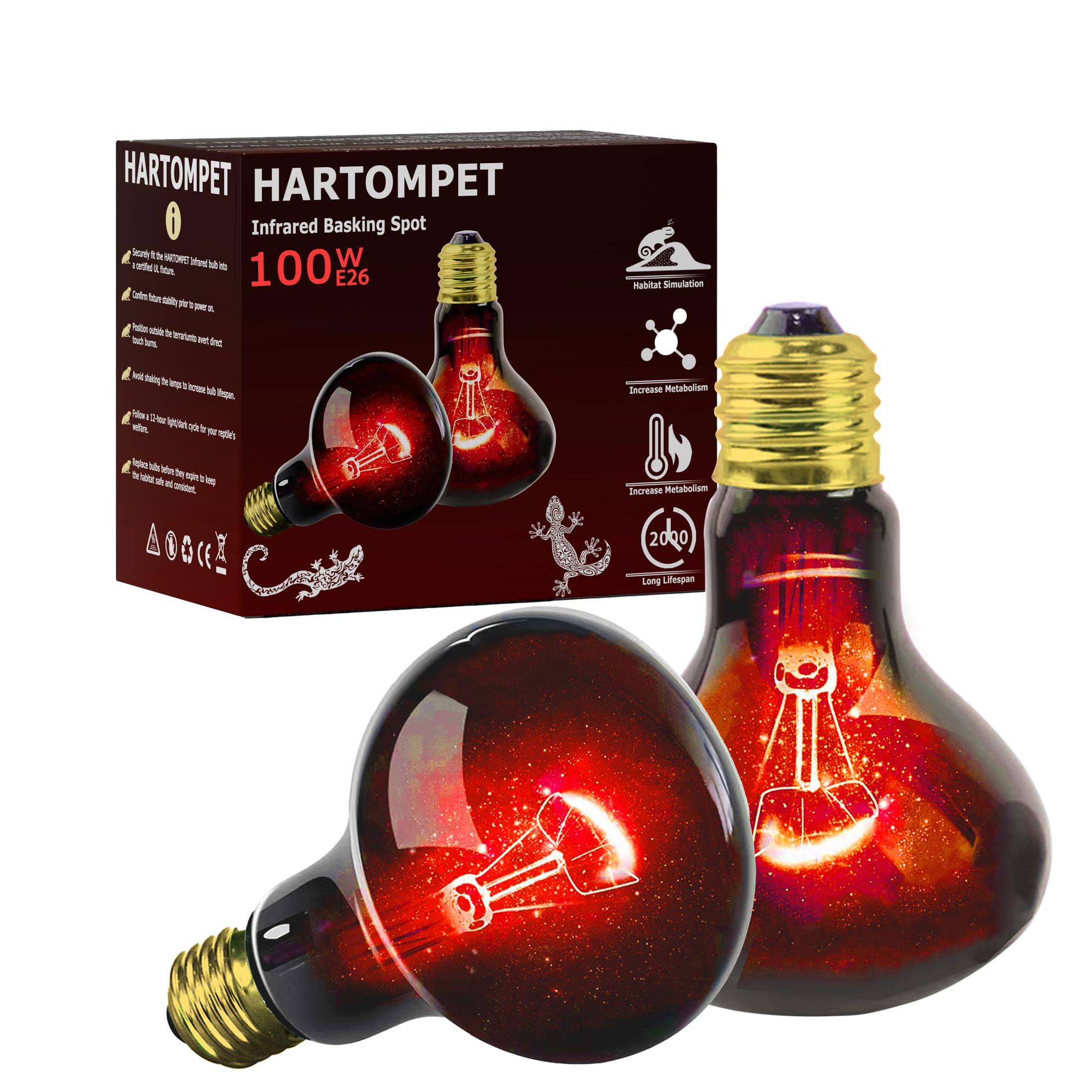 HARTOMPET 100W emisor de calor rojo suave para termorregulación de reptiles.
