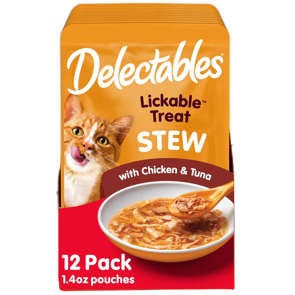 Hartz Delectables guiso, paquete de 12, ideal para premiar gatos adultos.
