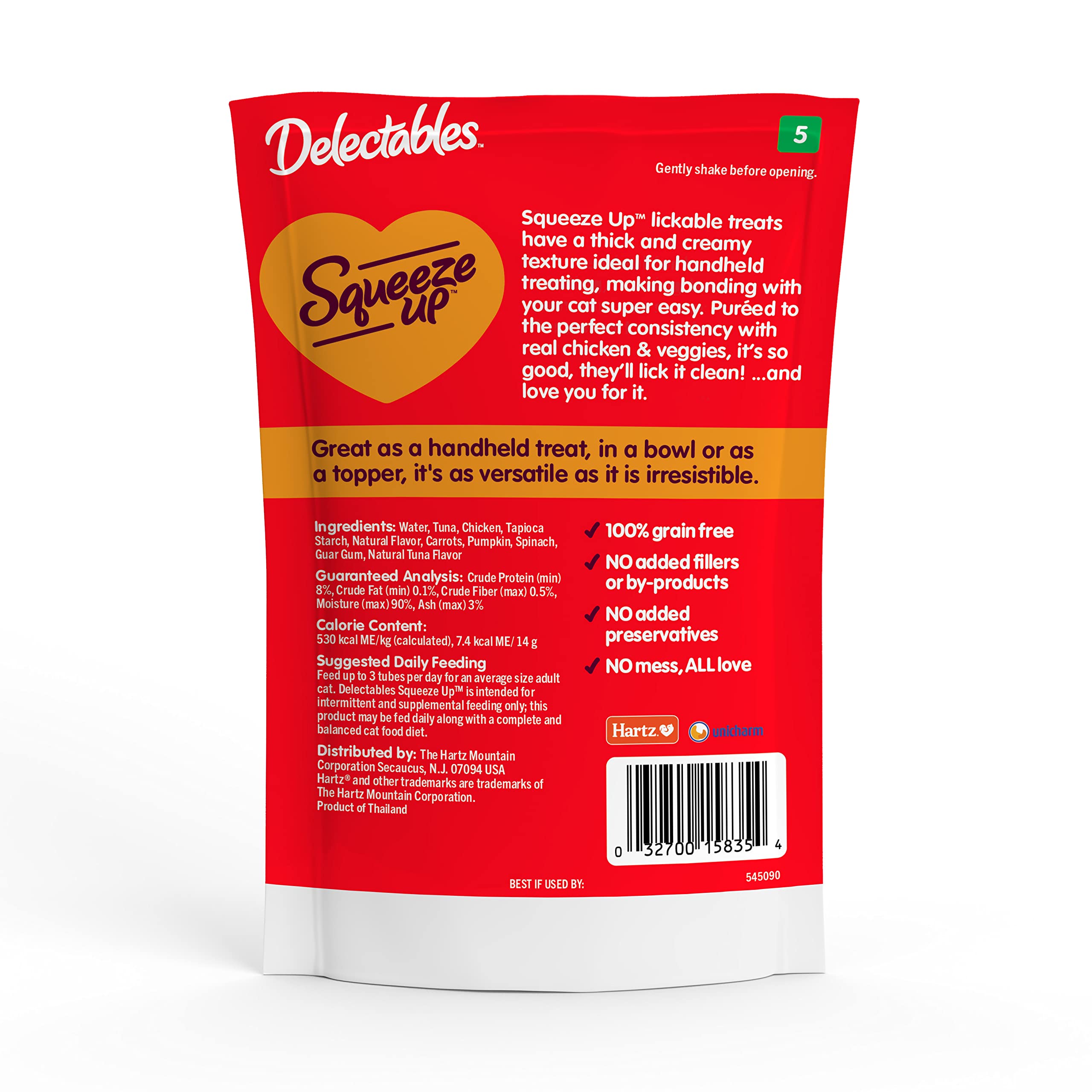 Hartz Delectables Squeeze Up, ingredientes de calidad y proteína de origen confiable.