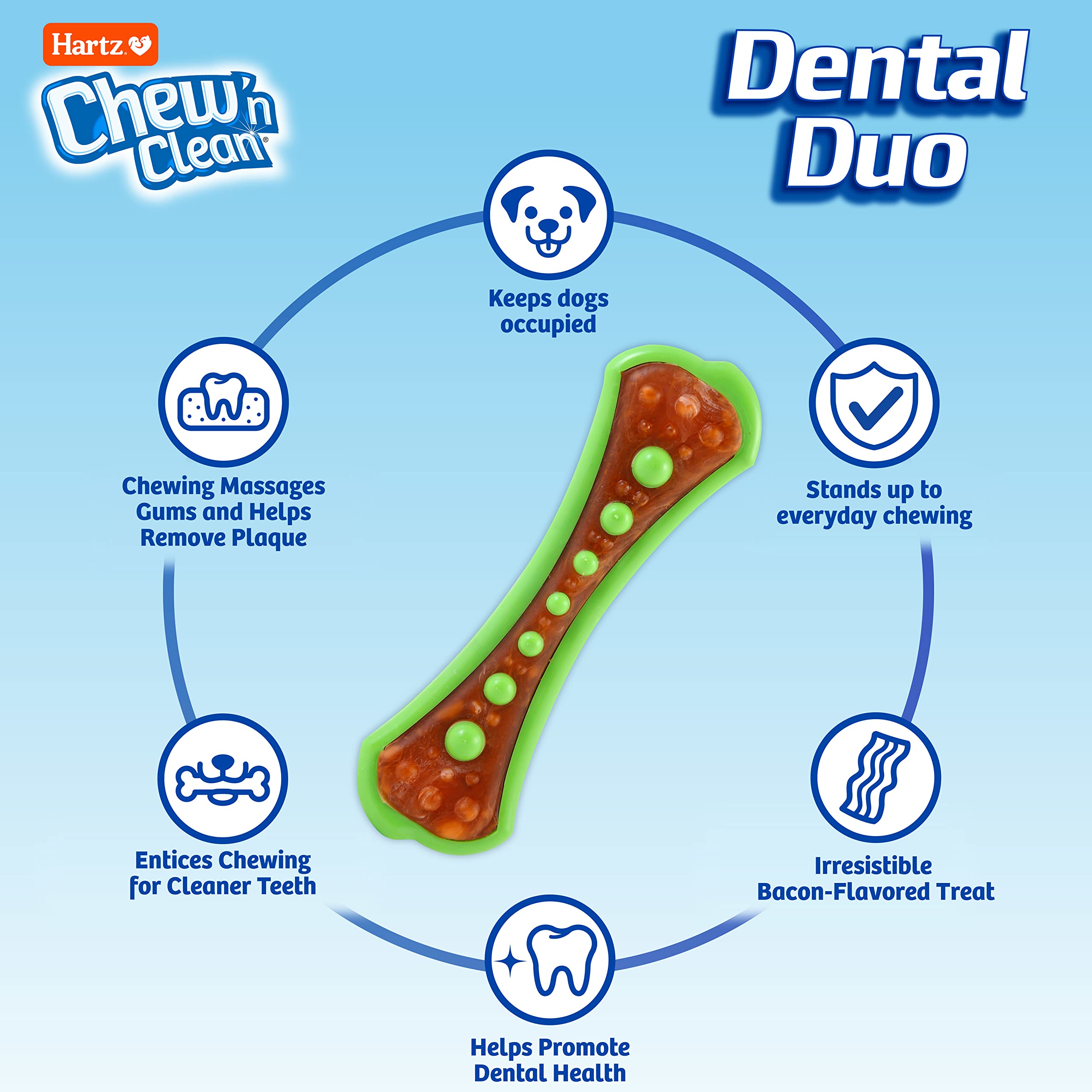 Centro sabor tocino del Dúo Dental Hartz para masticar sabroso.
