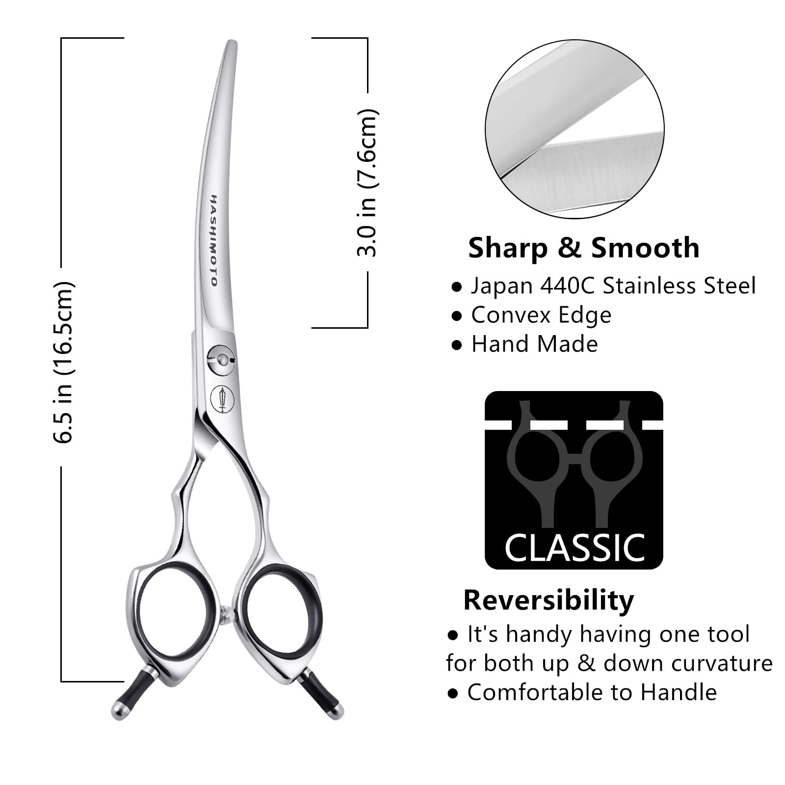 HASHIMOTO tijeras, corte curvo para rostro de perro, acabado limpio y definido.