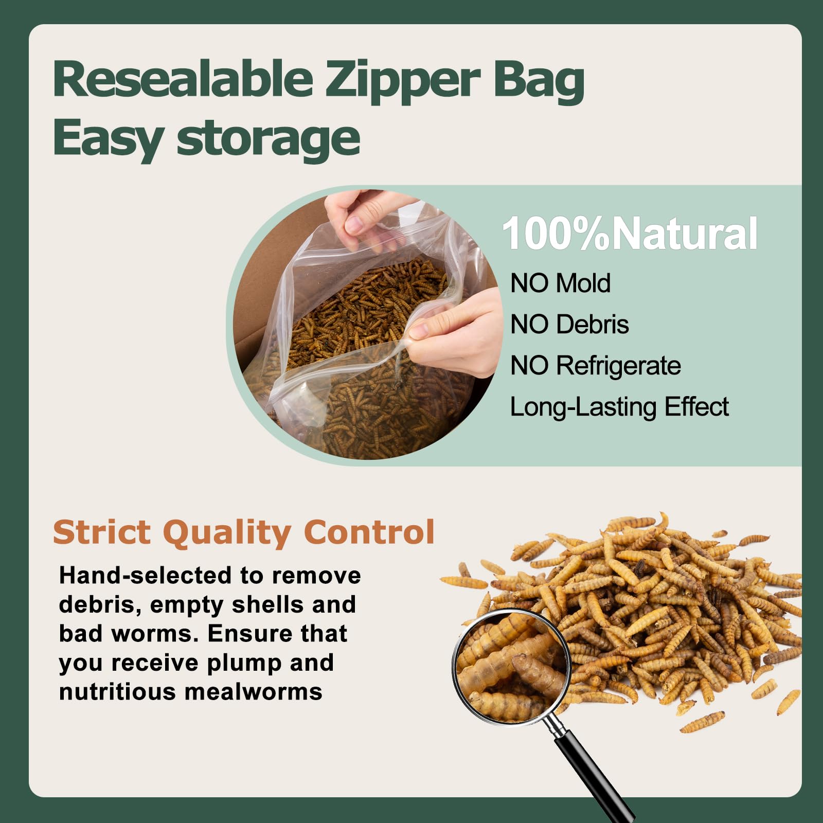 Hatortop BSF larvas, almacenamiento seguro, bolsa con cierre para conservar nutrientes.