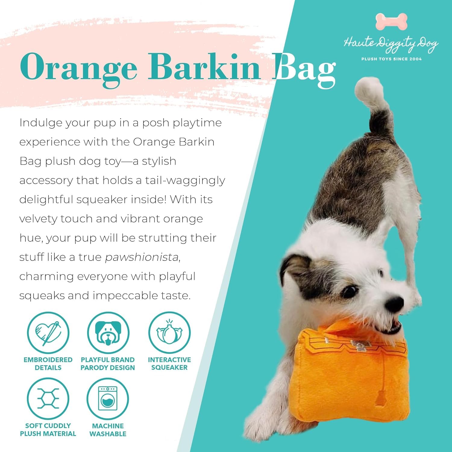 Haute Diggity Dog Barkin Bag con chirriador interior para juego interactivo.