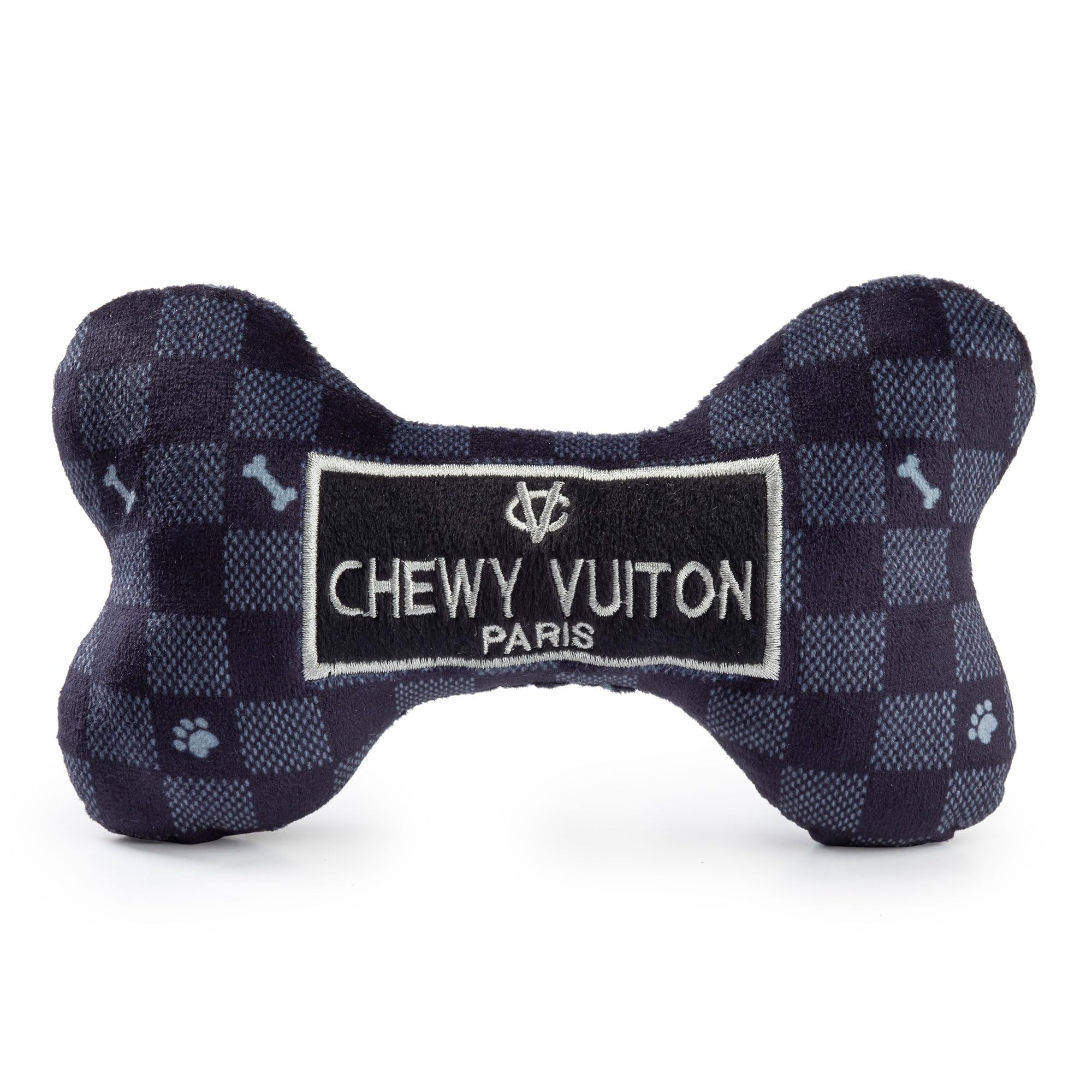 Haute Diggity Dog Chewy Vuiton Hueso negro con cuadros, ideal para juego interactivo.