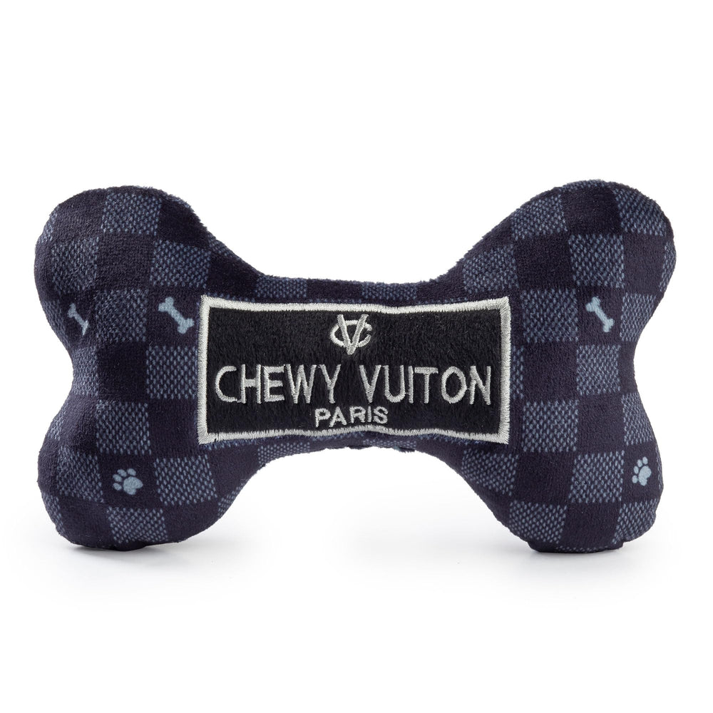 Haute Diggity Dog Chewy Vuiton Hueso negro con cuadros, ideal para juego interactivo.