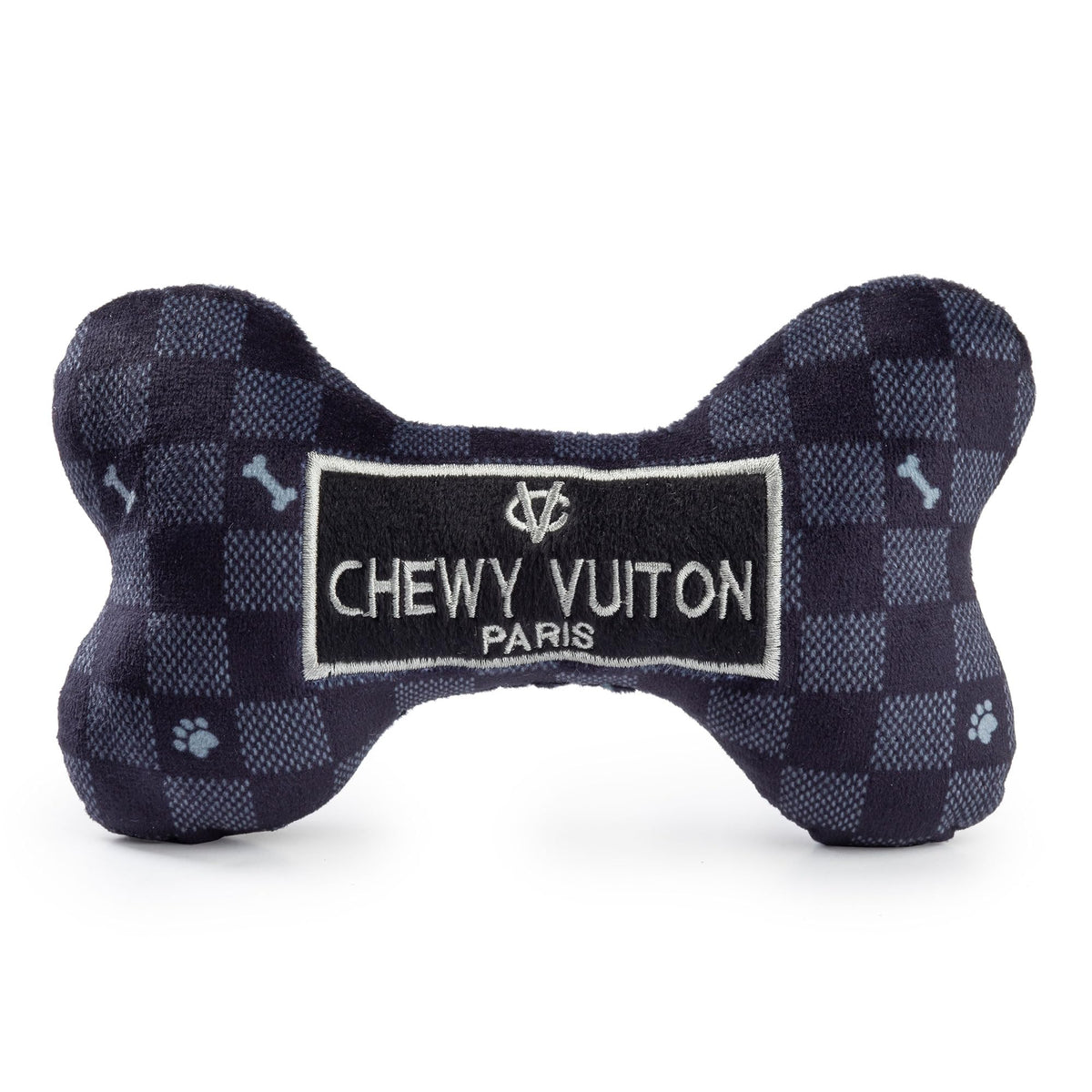 Haute Diggity Dog Chewy Vuiton Hueso negro con cuadros, ideal para juego interactivo.