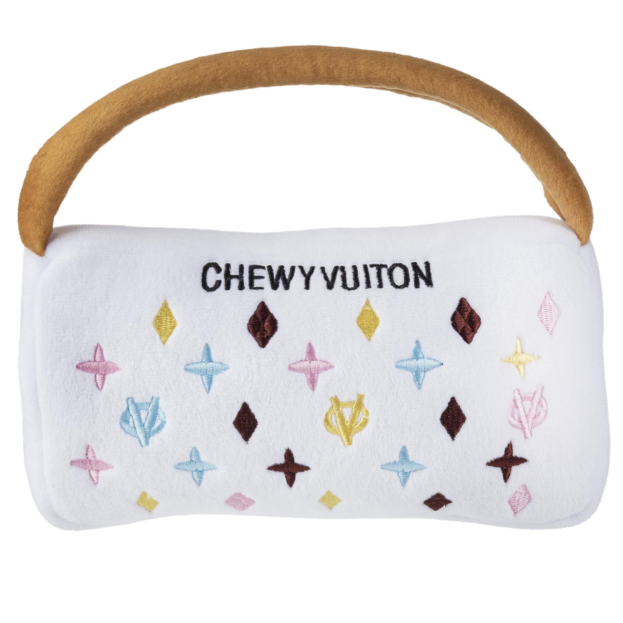Haute Diggity Dog bollo blanco Chewy Vuiton, exterior con monograma para juego elegante.