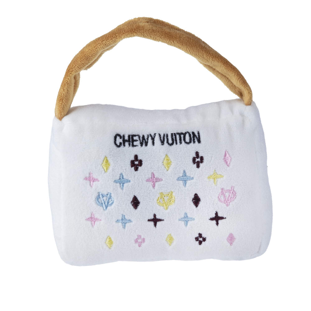 Haute Diggity Dog bolso blanco con monograma multicolor: juguete suave con sonajero para juego activo
