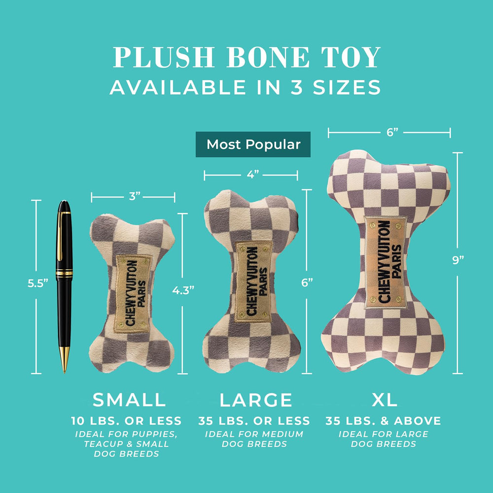 Haute Diggity Dog Checker Chewy Vuiton Juguete con diseño de cuadros crema taupe.