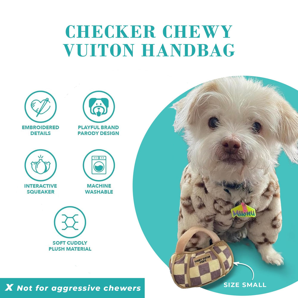 Interior con chirrido del Checker Chewy Vuiton, peluche suave para morder y jugar.