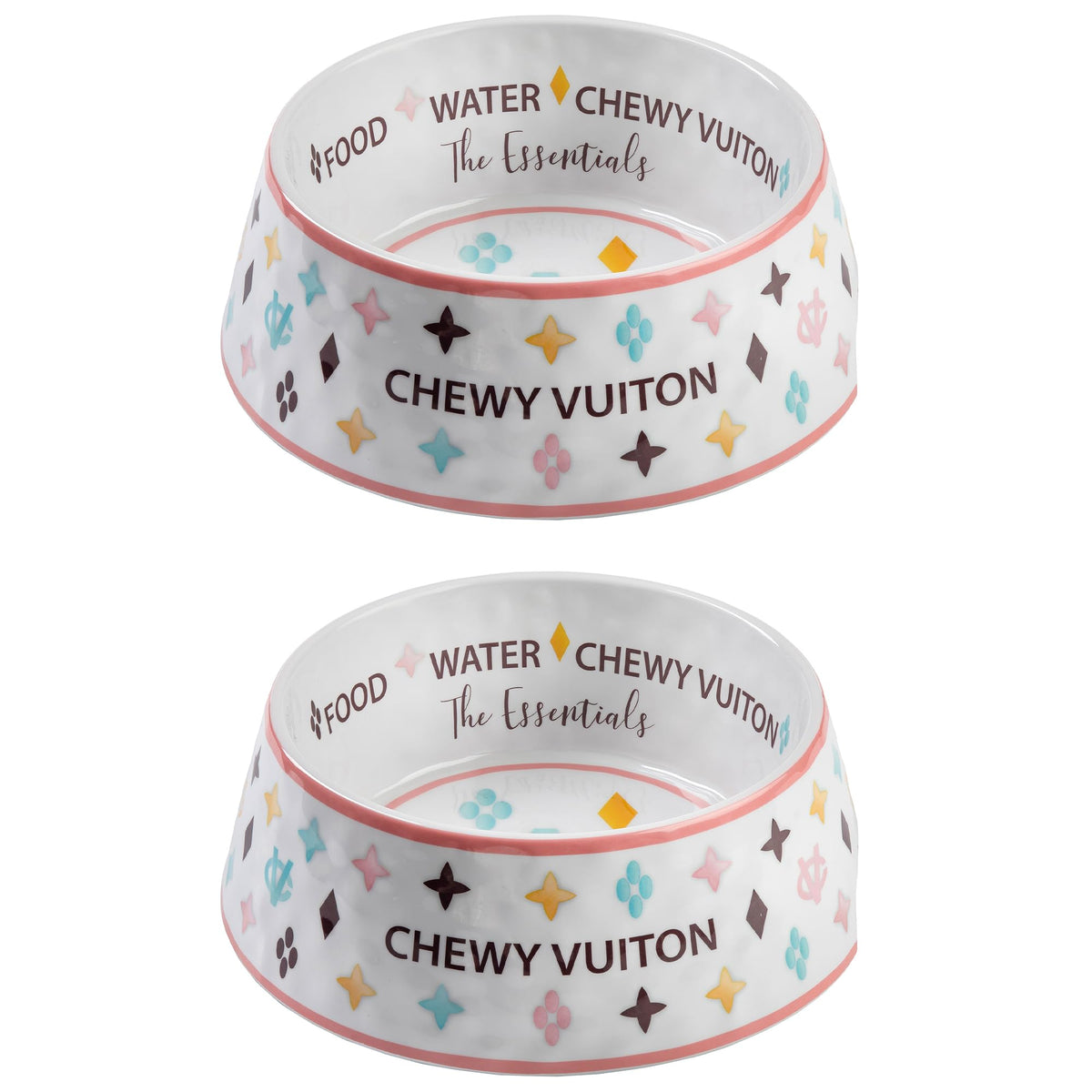Haute Diggity Dog Chewy Vuiton cuenco parodia, primer plano para perros.