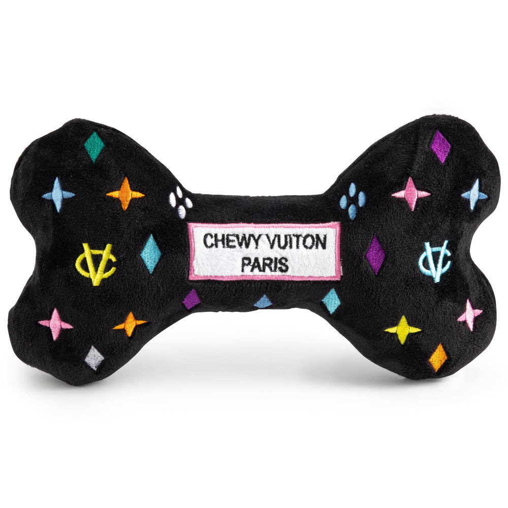 Haute Diggity Dog Chewy Vuiton hueso monograma negro – juguete interactivo con chirrido para perros XL
